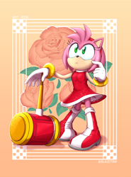 Size: 624x842 | Tagged: safe, artist:blazetbw, amy rose, 2021, abstract background, flower, frown, looking up, piko piko hammer, rose, solo, standing