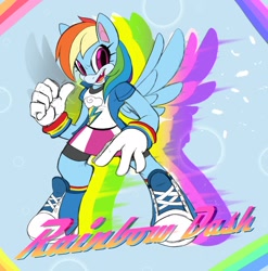 Size: 2168x2193 | Tagged: dead source, safe, artist:chiliii6, abstract background, barely sonic related, character name, crossover, looking at viewer, mobianified, mouth open, my little pony, pegasus, pony, rainbow dash, smile, solo, standing, thumbs up