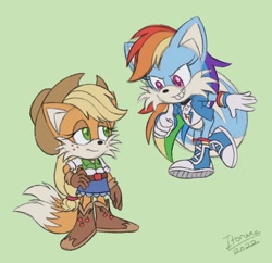 Size: 1102x1068 | Tagged: safe, artist:itoruna-the-platypus, fox, 2022, applejack, barely sonic related, clenched teeth, crossover, flat colors, freckles, green background, hands on hips, lidded eyes, looking at each other, mobianified, my little pony, rainbow dash, signature, simple background, smile, species swap, spinning tails, standing, thumbs up, two tails, voice actor joke