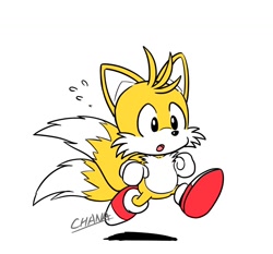 Size: 918x855 | Tagged: safe, artist:tailchana, miles "tails" prower, 2025, clenched fists, flat colors, looking offscreen, mouth open, running, shadow (lighting), signature, simple background, solo, white background