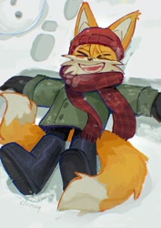 Size: 1240x1754 | Tagged: safe, artist:clumxy, miles "tails" prower, 2025, beanie, clothes, coat, daytime, ear fluff, eyes closed, footprint, hat, lying down, mouth open, outdoors, pants, scarf, smile, snow, snow angels, solo, winter, winter outfit