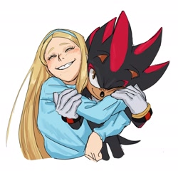 Size: 1716x1648 | Tagged: safe, artist:hanibananeez, maria robotnik, shadow the hedgehog, human, sonic the hedgehog 3 (film), 2025, clenched teeth, cute, duo, eyes closed, hugging, one eye closed, simple background, smile, white background