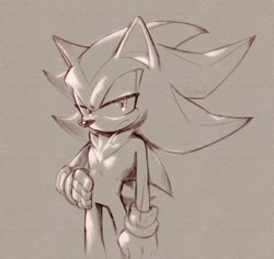 Size: 1200x1132 | Tagged: safe, artist:moonrin__, shadow the hedgehog, 2025, frown, grey background, hand on hip, lidded eyes, line art, looking at viewer, monochrome, simple background, solo, standing