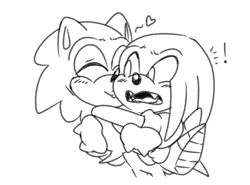 Size: 2500x1850 | Tagged: safe, artist:star-babu, knuckles the echidna, sonic the hedgehog, 2017, blushing, carrying them, cute, duo, exclamation mark, eyes closed, fangs, gay, heart, kiss on cheek, knuxonic, line art, monochrome, mouth open, shipping, simple background, standing, surprise kiss, surprised, white background