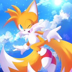 Size: 1500x1500 | Tagged: safe, artist:florynrosee, miles "tails" prower, 2025, abstract background, blushing, clouds, cute, daytime, looking offscreen, mid-air, mouth open, outdoors, smile, solo, sun, tailabetes, wink