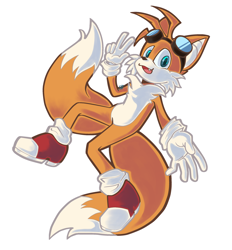 Size: 2204x2371 | Tagged: safe, artist:stoneyoceanic, miles "tails" prower, 2025, goggles, looking at viewer, mid-air, mouth open, one fang, simple background, smile, solo, v sign, white background