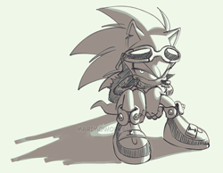 Size: 834x648 | Tagged: safe, artist:scourgefrontier, scourge the hedgehog, hedgehog, fingerless gloves, glasses, glasses on head, jacket, male, shoes