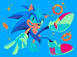 Size: 2666x2000 | Tagged: safe, artist:nolviniart, sonic the hedgehog, blushing, looking at viewer, ring, simple background, smile, solo, sparkles, v sign