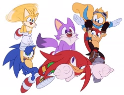 Size: 2048x1576 | Tagged: safe, artist:luciacas_tillo, knuckles the echidna, mighty the armadillo, miles "tails" prower, ray the flying squirrel, sonic the hedgehog, oc, oc:odd the wolf, wolf, 2025, flying, gliding, group, heterochromia, holding them, riding on back, simple background, smile, team sonic, white background