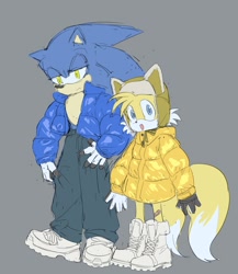 Size: 1497x1722 | Tagged: safe, artist:s2_lina_, miles "tails" prower, sonic the hedgehog, 2025, alternate eye color, boots, coat, cute, duo, flat colors, frown, grey background, hat, lidded eyes, looking at viewer, mouth open, one fang, pants, simple background, smile, standing, tailabetes, yellow eyes