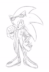 Size: 1378x2039 | Tagged: safe, artist:ni_eolgul623, sonic the hedgehog, 2025, alignment swap, evil, evil sonic, line art, monochrome, outfit swap, simple background, smile, solo, standing, white background