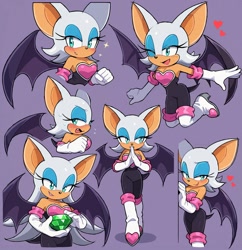 Size: 1653x1708 | Tagged: safe, artist:zsp1jqohfr12495, rouge the bat, 2025, blushing, chaos emerald, heart, purple background, simple background, smile, solo, sparkles