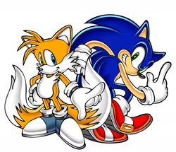 Size: 1642x1414 | Tagged: safe, editor:b3arzandoyeah, miles "tails" prower, sonic the hedgehog, 2025, blue shoes, duo, edit, looking at viewer, simple background, smile, white background