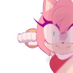 Size: 1024x1024 | Tagged: safe, artist:sassyngga, amy rose, 2025, looking at viewer, punching, shrunken pupils, simple background, smile, solo, white background