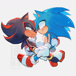 Size: 1507x1507 | Tagged: safe, artist:linvaniin, shadow the hedgehog, sonic the hedgehog, 2025, cute, duo, frown, gay, grey background, holding hands, lidded eyes, looking at each other, shadow x sonic, shadowbetes, shipping, simple background, smile, watermark