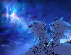 Size: 2048x1600 | Tagged: safe, artist:pwxcii, shadow the hedgehog, sonic the hedgehog, 2025, abstract background, cute, duo, frown, galaxy, gay, looking at them, looking up, monochrome, outdoors, shadow x sonic, shipping, sitting, smile, top surgery scars, trans male, transgender