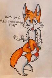 Size: 1017x1536 | Tagged: safe, artist:featheredmasked, miles "tails" prower, 2022, dialogue, english text, lab coat, lidded eyes, looking at viewer, mouth open, one fang, smile, solo, talking, there's something about amy, traditional media