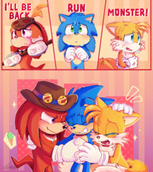 Size: 1300x1462 | Tagged: safe, artist:anouckyshim, knuckles the echidna, miles "tails" prower, sonic the hedgehog, sonic the hedgehog 2 (2022), 2022, abstract background, blushing, blushing ears, crying, dialogue, english text, eyes closed, frown, group hug, gun, hugging, mouth open, smile, sparkles, standing, team sonic, tears, tears of sadness, trio