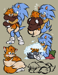 Size: 2550x3300 | Tagged: safe, artist:chibiuniverse2020, miles "tails" prower, sonic the hedgehog, 2025, alternate universe, bath, blushing, blushing ears, bubble, carrying them, cute, duo, ear fluff, grey background, oversized, shirt, simple background, sitting, smile, standing, washing, wrapped in tails