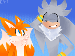 Size: 2160x1620 | Tagged: safe, artist:emstanimaticsvip, miles "tails" prower, silver the hedgehog, 2024, abstract background, clenched teeth, duo, eyes closed, hand behind head, looking at them, signature, smile, standing