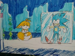 Size: 1632x1224 | Tagged: safe, artist:mmc3120, miles "tails" prower, sonic the hedgehog, 2023, :<, abstract background, clenched teeth, cold, daytime, duo, eyes closed, floppy ears, frown, ice cap zone, ice cube, inktober, outdoors, snow, sonic the hedgehog 3, traditional media