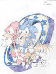 Size: 800x1056 | Tagged: safe, artist:spongefox, knuckles the echidna, miles "tails" prower, sonic the hedgehog, 2005, abstract background, greg martin style, redraw, signature, smile, sonic mega collection, team sonic, traditional media, trio