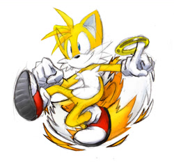 Size: 1021x953 | Tagged: safe, artist:chukadrawer, miles "tails" prower, 2012, clenched fist, flying, ring, simple background, sketch, smile, solo, spinning tails, white background