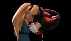 Size: 3693x2160 | Tagged: safe, artist:lanzo000, maria robotnik, shadow the hedgehog, human, 2024, 3d, black background, duo, eyes closed, holding each other, simple background, smile, standing