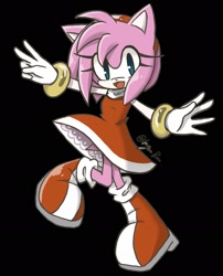 Size: 1536x1905 | Tagged: safe, artist:rainny-thereabbit, amy rose, 2025, alternate eye color, amybetes, black background, blue eyes, cute, looking at viewer, mouth open, signature, simple background, smile, solo, v sign