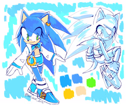 Size: 2600x2200 | Tagged: safe, artist:k3llywolfarts, sonic the hedgehog, oc, oc:kelly the hedgehog, 2024, abstract background, blue shoes, crop top, ear piercing, earring, eye clipping through hair, gender swap, jacket, necklace, ring, shorts, solo, standing