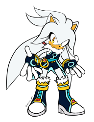 Size: 1652x2152 | Tagged: safe, artist:k3llywolfarts, silver the hedgehog, oc, oc:sia the hedgehog, 2024, belt, bodysuit, chest fluff, fingerless gloves, flat colors, gender swap, looking at viewer, neck fluff, outline, ring, signature, simple background, smile, solo, standing, transparent background