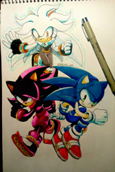 Size: 2626x3903 | Tagged: safe, artist:k3llywolfarts, shadow the hedgehog, silver the hedgehog, sonic the hedgehog, oc, oc:kelly the hedgehog, oc:shinn the hedgehog, oc:sia the hedgehog, 2022, belt, clenched fists, clothes, eye clipping through hair, fingerless gloves, frown, gender swap, looking at viewer, mid-air, pants, ring, running, shorts, smile, traditional media, trio