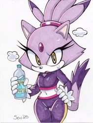 Size: 1548x2048 | Tagged: safe, artist:senshion, blaze the cat, 2025, blushing, bottle, hand on hip, looking at viewer, markerwork, midriff, mouth open, signature, simple background, solo, standing, sweatdrop, water bottle, white background, workout outfit