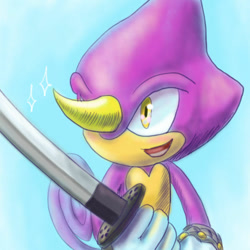 Size: 600x600 | Tagged: safe, artist:tabiki999, espio the chameleon, 2013, gradient background, holding something, katana, looking offscreen, mouth open, smile, solo, sparkles, standing