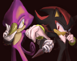 Size: 900x720 | Tagged: safe, artist:tabiki999, espio the chameleon, shadow the hedgehog, 2012, brown background, duo, frown, holding something, kunai knife, line art, looking at them, looking at viewer, shadow the hedgehog (video game), simple background, smile, standing