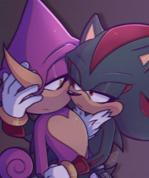 Size: 1711x2048 | Tagged: safe, artist:faburin, espio the chameleon, shadow the hedgehog, 2025, duo, frown, gay, gradient background, holding them, lidded eyes, looking at each other, shadpio, shipping, signature, standing