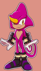 Size: 1000x1700 | Tagged: safe, artist:montydrswsstuff, espio the chameleon, 2025, looking at viewer, outline, pink background, redraw, simple background, smile, solo, standing