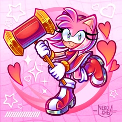 Size: 2048x2048 | Tagged: safe, artist:nekochea_san, amy rose, 2025, abstract background, amybetes, cute, heart, holding something, piko piko hammer, signature, smile, solo, sparkles, standing on one leg, star (symbol)