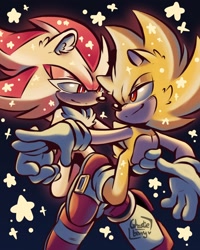 Size: 1080x1350 | Tagged: safe, artist:ghostie_berry, shadow the hedgehog, sonic the hedgehog, super shadow, super sonic, 2025, duo, flying, gay, gradient background, holding them, lidded eyes, looking at each other, shadow x sonic, shipping, signature, smile, star (symbol), super form