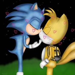 Size: 1500x1500 | Tagged: safe, artist:masmilar, miles "tails" prower, sonic the hedgehog, sonic the hedgehog 2 (2022), 2025, abstract background, backpack, duo, eyes closed, gay, grass, heart, kiss, nighttime, outdoors, shipping, sonic x tails, standing, star (sky)