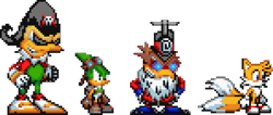 Size: 1937x819 | Tagged: safe, artist:skullthehedgehogboi, battle lord kukku xv, dr. fukurokov, miles "tails" prower, speedy, 2024, group, kukku, looking offscreen, simple background, smile, sonic advance, sprite, standing, style emulation, tails adventure, transparent background