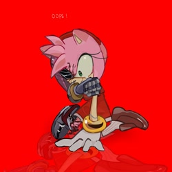 Size: 2048x2048 | Tagged: safe, artist:sheeru_2k, amy rose, sonic prime, 2025, cyborg, dialogue, english text, looking at something, partially roboticized, red background, reflection, rusty rose, simple background, solo