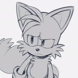 Size: 2048x2048 | Tagged: safe, artist:thatbirdguy_, miles "tails" prower, 2025, frown, greyscale, looking offscreen, monochrome, simple background, solo, standing, white background