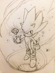 Size: 768x1024 | Tagged: safe, artist:tailver, sonic the hedgehog, super sonic, 2020, chaos emerald, flying, line art, looking at viewer, looking up, looking up at viewer, mid-air, monochrome, sparkles, super form, torn gloves, torn socks, traditional media