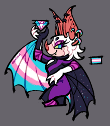 Size: 640x730 | Tagged: safe, artist:dddeerbo, rouge the bat, chaos emerald, grey background, holding something, lidded eyes, looking at viewer, signature, simple background, smile, solo, trans female, trans pride, transgender