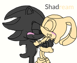 Size: 944x777 | Tagged: safe, artist:cailynchaos, cream the rabbit, shadow the hedgehog, age difference, blushing, duo, grey background, holding each other, lidded eyes, monochrome, mouth open, shadream, shipping, simple background, smile, straight, underage