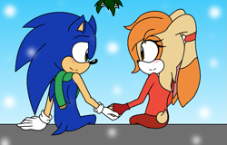 Size: 1025x655 | Tagged: safe, artist:soneamlover, cream the rabbit, sonic the hedgehog, 2020, age difference, aged up, base used, blushing, christmas, cream x sonic, duo, flat colors, gradient background, holding hands, looking at each other, ms paint, older, outdoors, shipping, sitting, smile, snow, snowing, straight