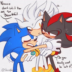 Size: 2048x2048 | Tagged: safe, artist:shoopise, shadow the hedgehog, silver the hedgehog, sonic the hedgehog, blushing, dialogue, english text, gay, grey background, heart, hugging, mouth open, one fang, polyamory, shipping, simple background, sonadilver, sparkles, standing, trio, wagging tail