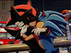 Size: 1024x768 | Tagged: safe, artist:sa_el_k, shadow the hedgehog, sonic the hedgehog, 2025, bus, city, duo, eyes closed, gay, holding each other, kiss, making out, nighttime, outdoors, shadow x sonic, shipping, signature, standing