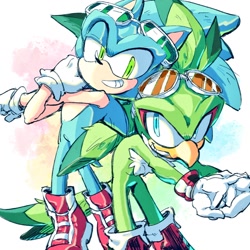 Size: 1000x1000 | Tagged: safe, artist:41waysu, jet the hawk, sonic the hedgehog, 2025, abstract background, clenched teeth, duo, leaning on them, looking at each other, smile, sonic riders, standing, stretching